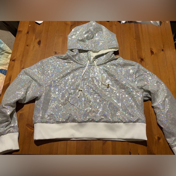 NWOT Peloton x Brittany Allen Silver Sequin Cropped Hoodie - Picture 2 of 5